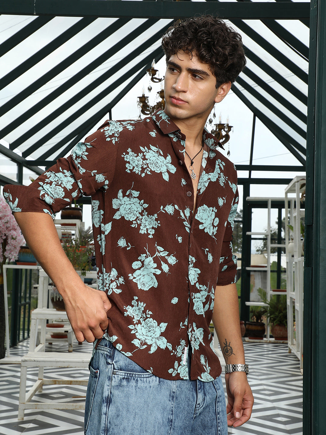 Men Man Made Fabric Regular Botanical Shirt