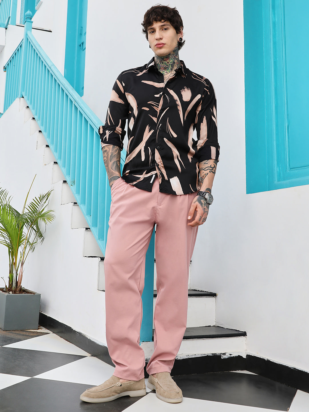 Men Man Made Fabric Regular Abstract Shirt