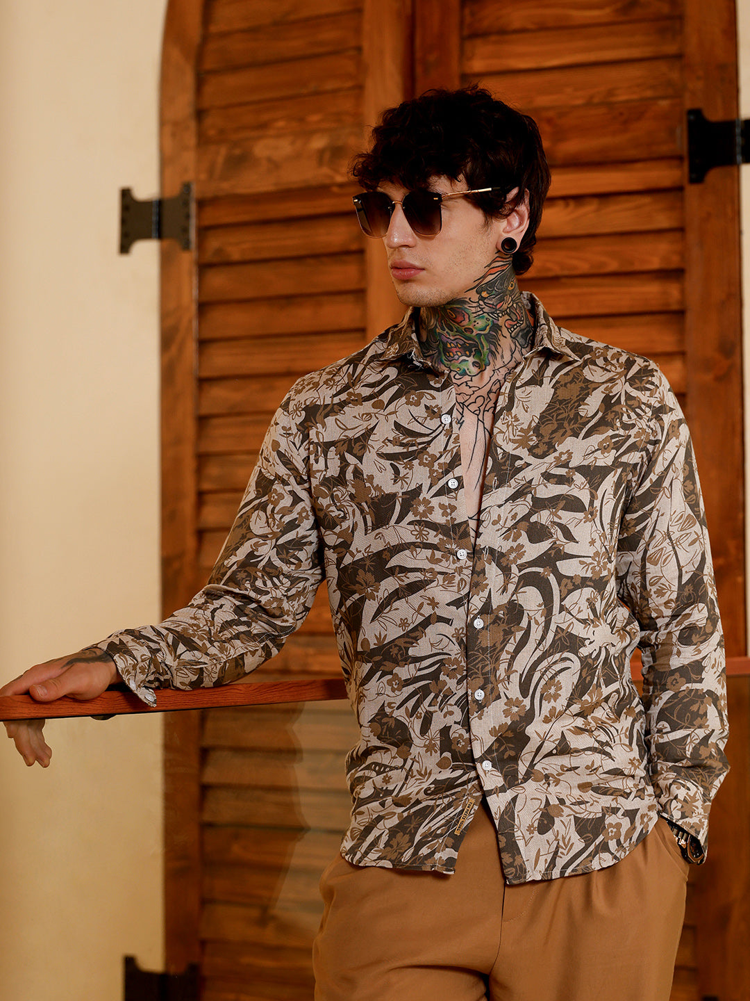 Men Chocolate Brown Floral-Block Imprint Shirt