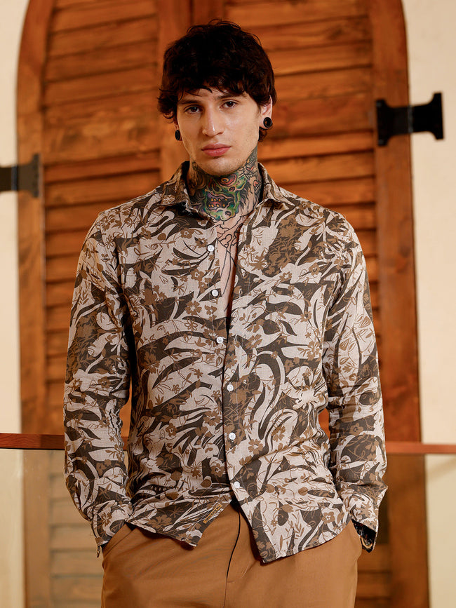 Men Chocolate Brown Floral-Block Imprint Shirt