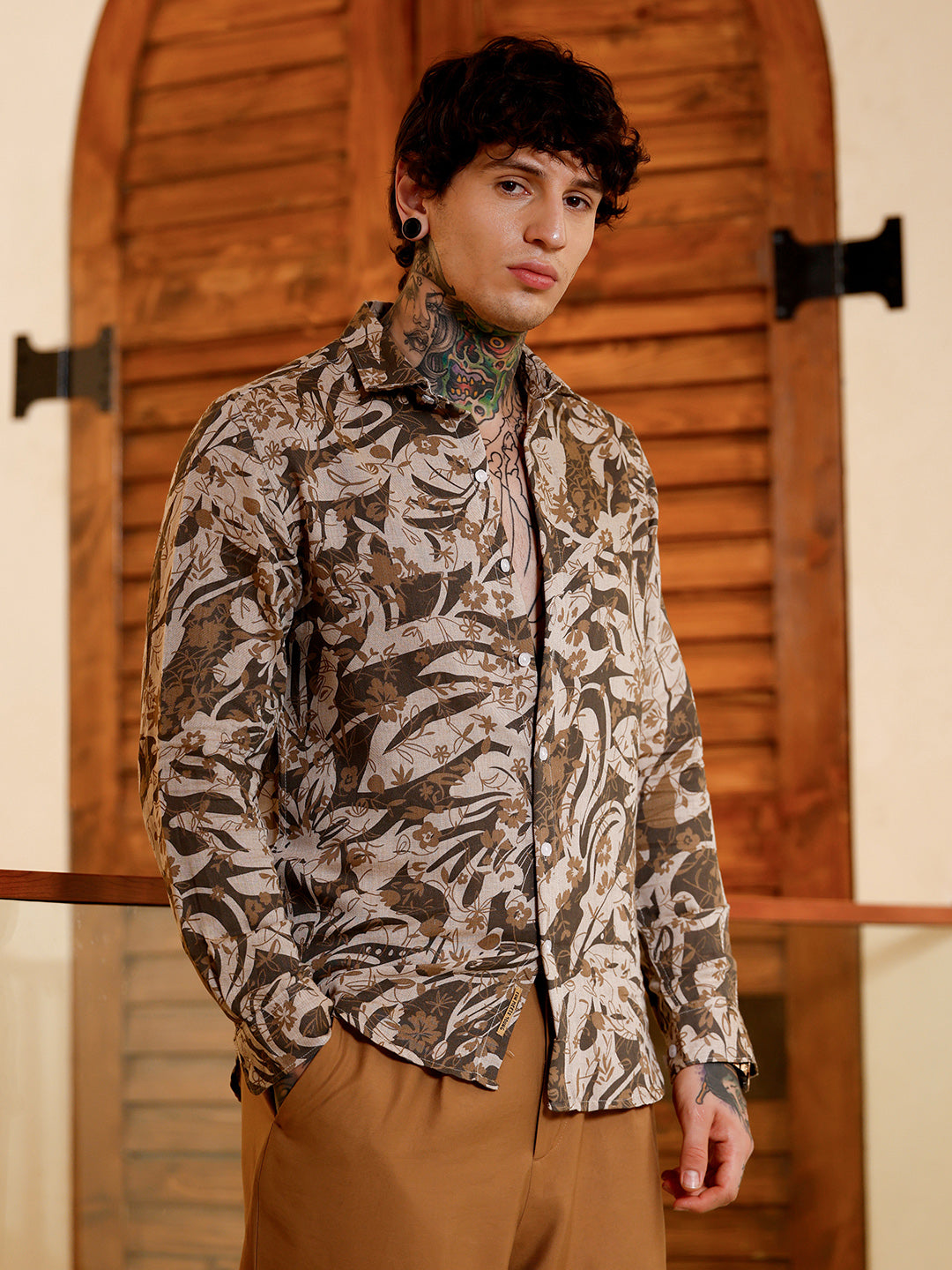 Men Chocolate Brown Floral-Block Imprint Shirt
