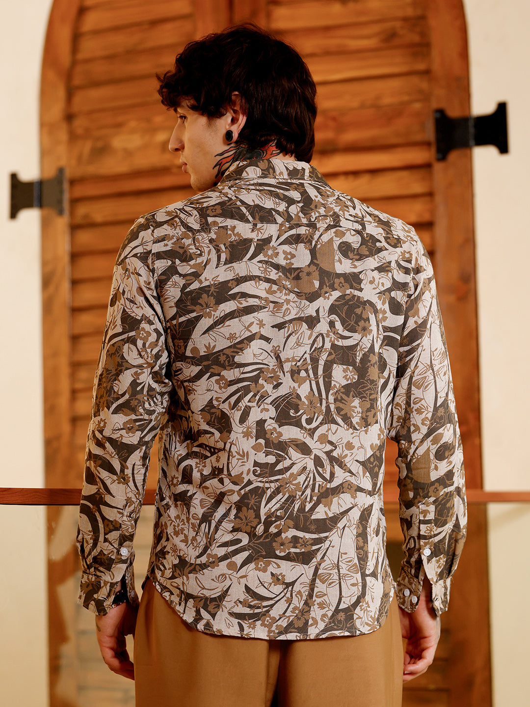 Men Chocolate Brown Floral-Block Imprint Shirt