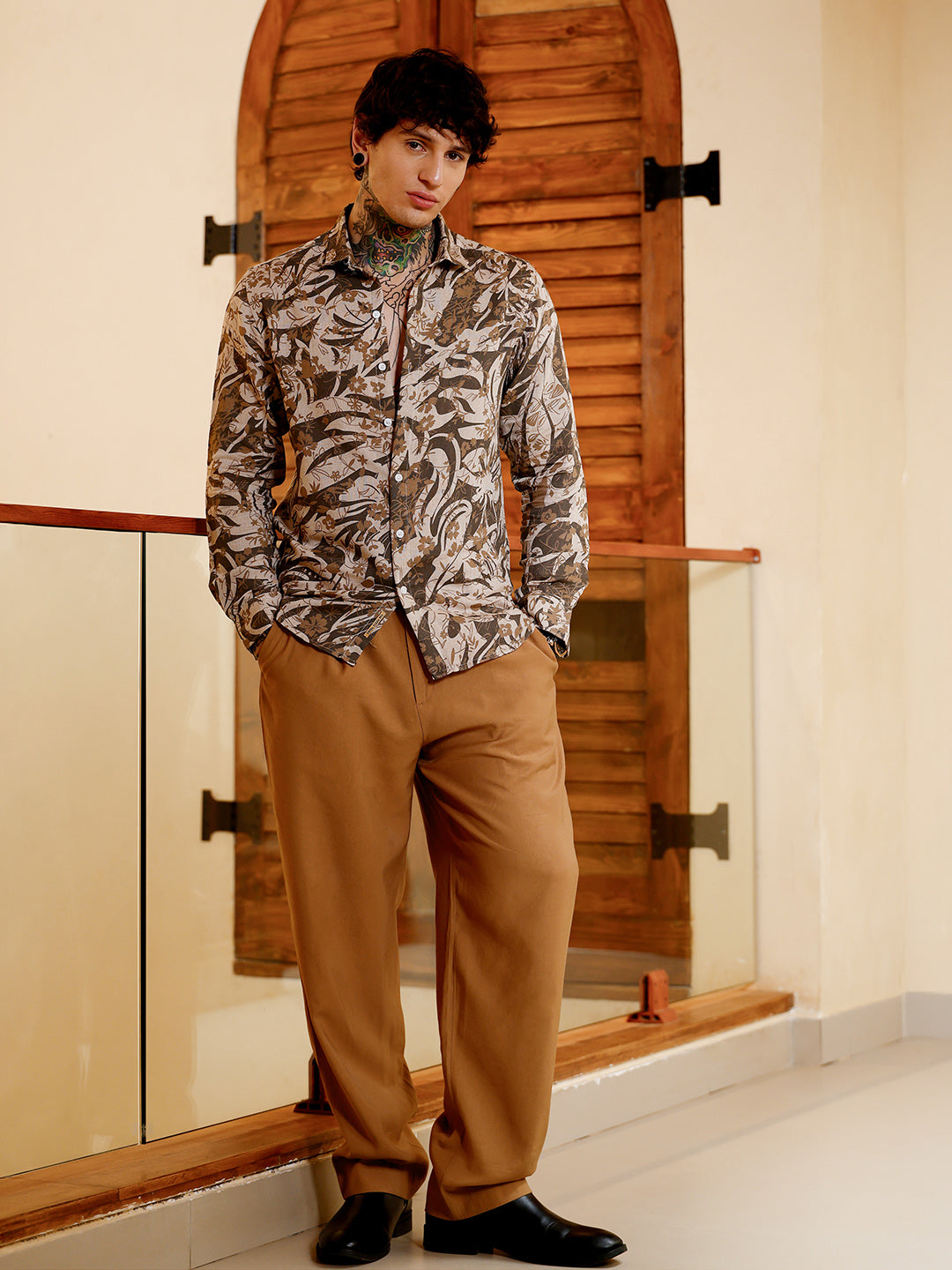Men Chocolate Brown Floral-Block Imprint Shirt