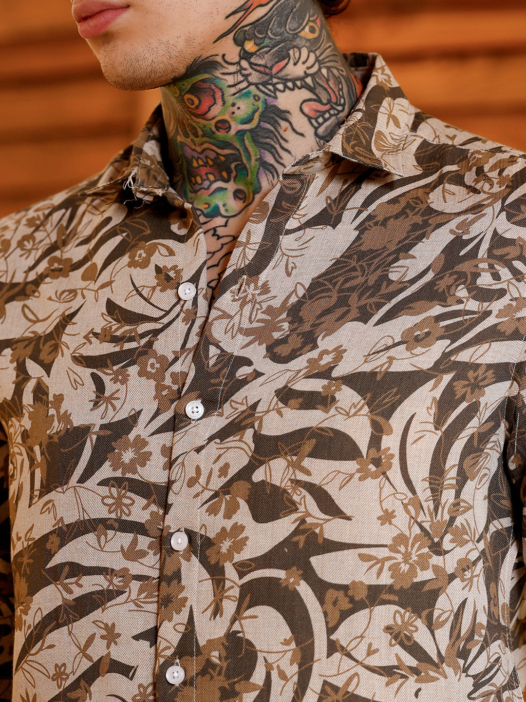 Men Chocolate Brown Floral-Block Imprint Shirt