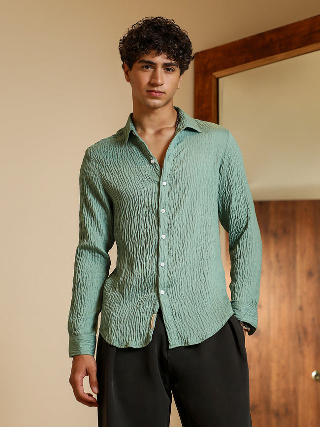 Men Aqua Green Solid Creased-Tactile Shirt