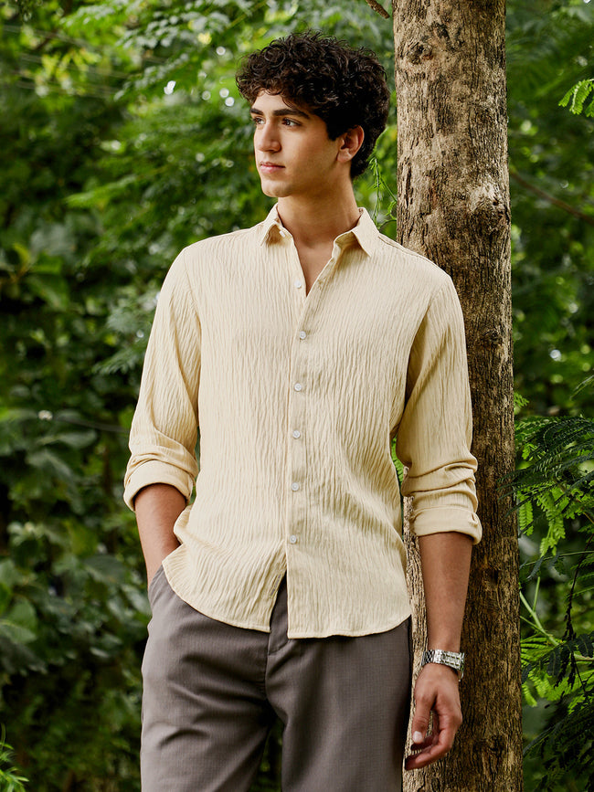 Men Saltbox Beige Solid Creased-Tactile Shirt