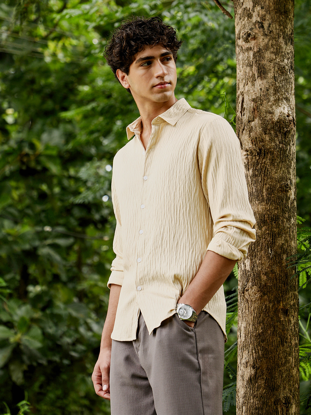 Men Saltbox Beige Solid Creased-Tactile Shirt