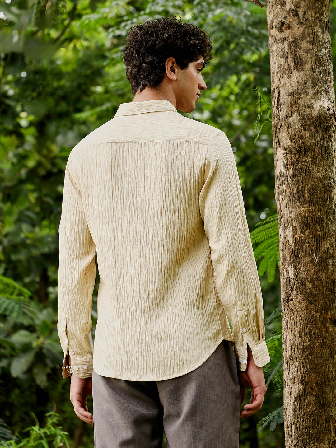 Men Saltbox Beige Solid Creased-Tactile Shirt