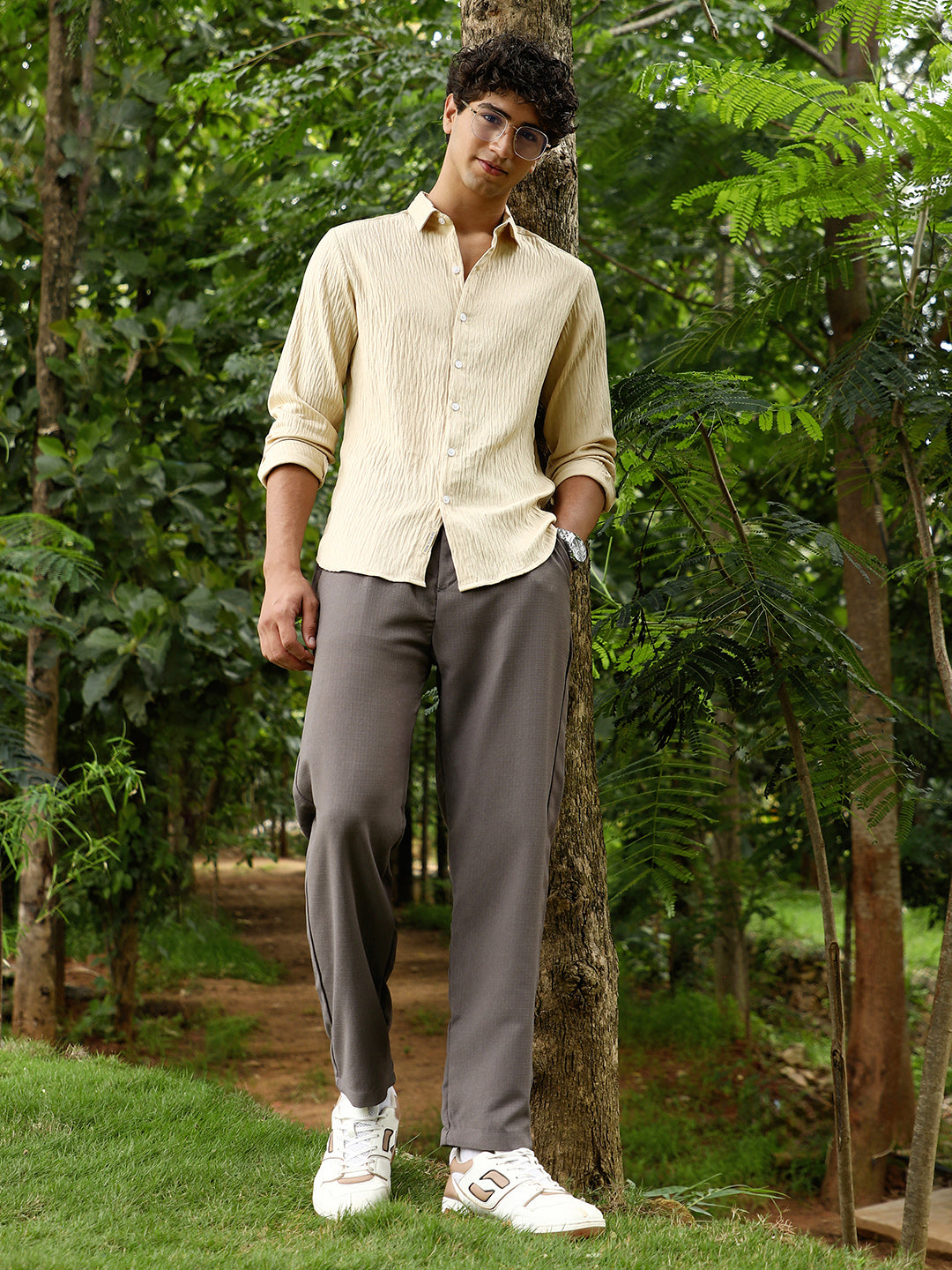 Men Saltbox Beige Solid Creased-Tactile Shirt