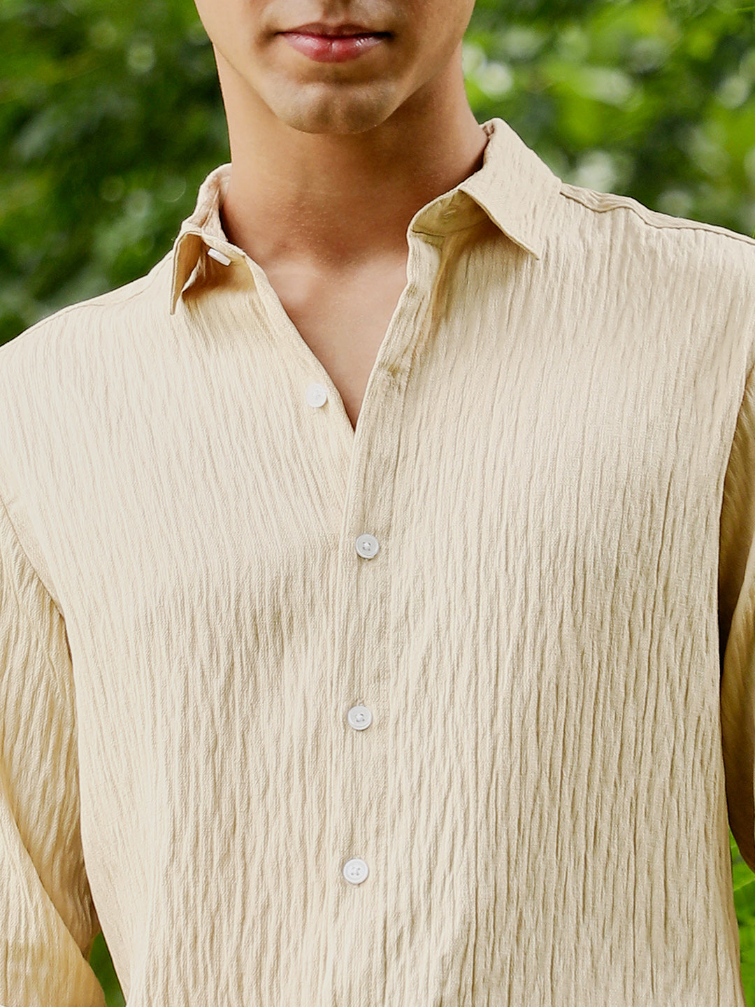 Men Saltbox Beige Solid Creased-Tactile Shirt