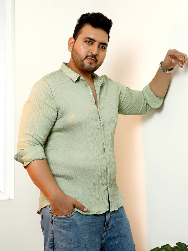 Men Sage Green Solid Creased-Tactile Shirt