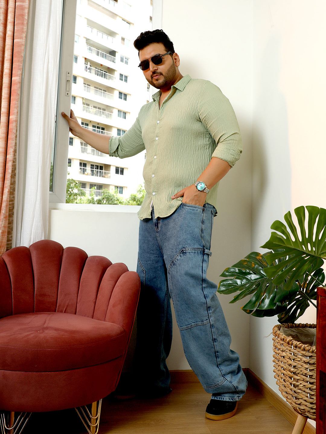Men Sage Green Solid Creased-Tactile Shirt
