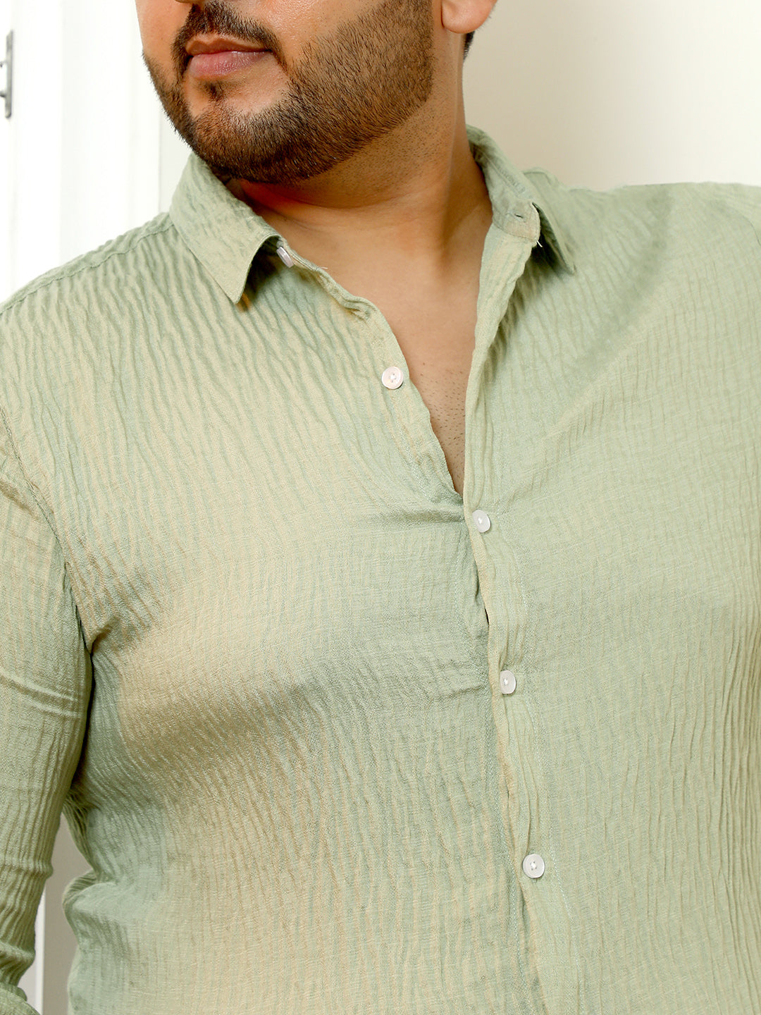 Men Sage Green Solid Creased-Tactile Shirt