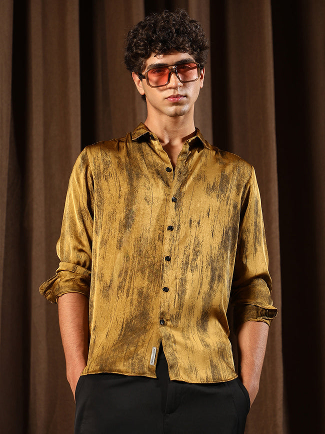 Men Mustard Yellow Gleaming-Grazed Satin Shirt