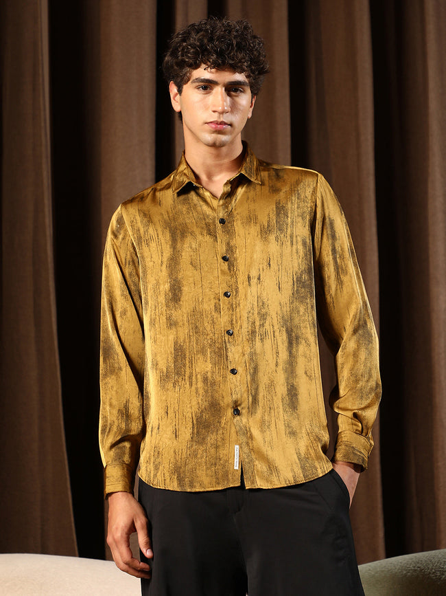 Men Mustard Yellow Gleaming-Grazed Satin Shirt