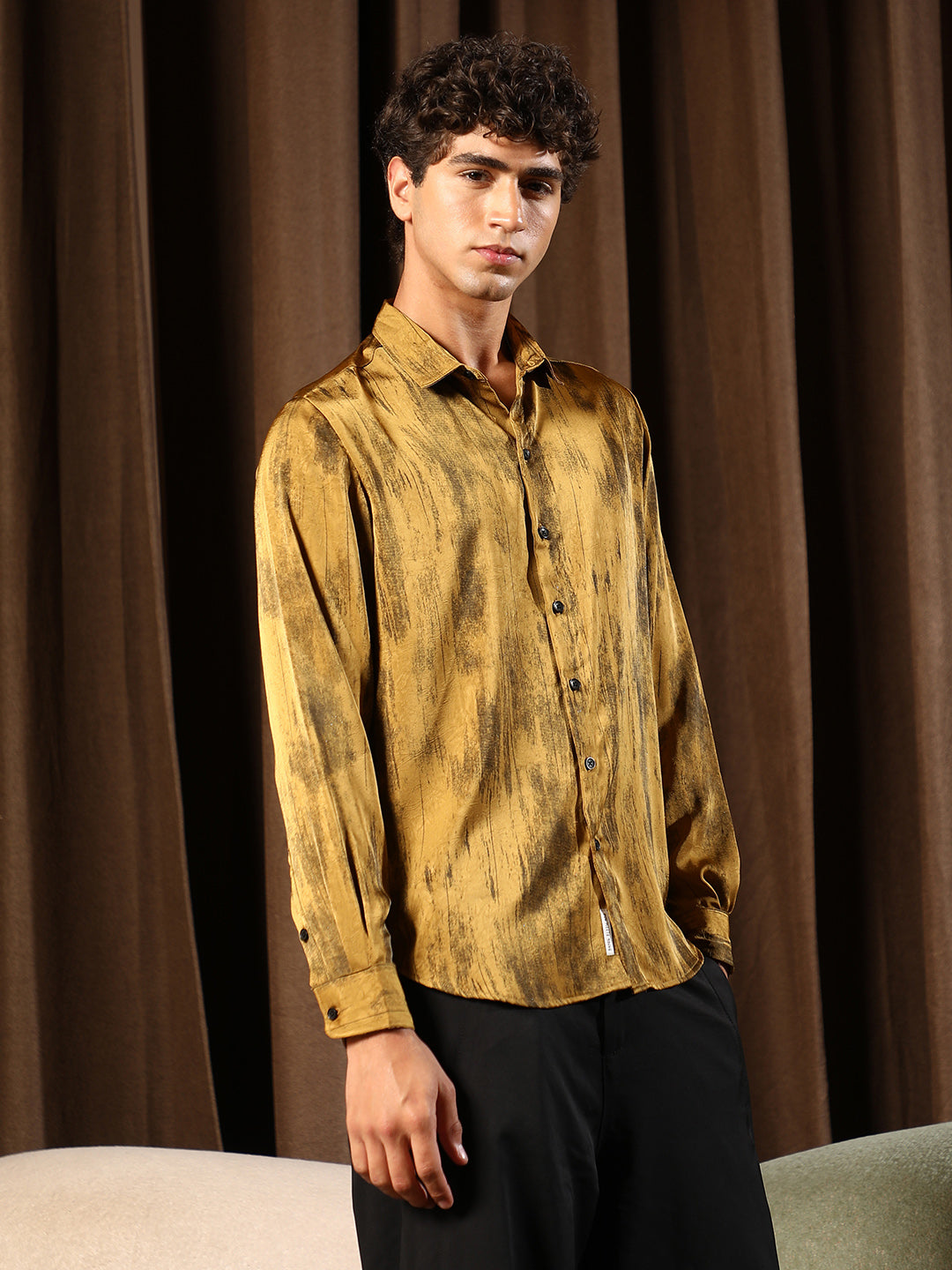 Men Mustard Yellow Gleaming-Grazed Satin Shirt