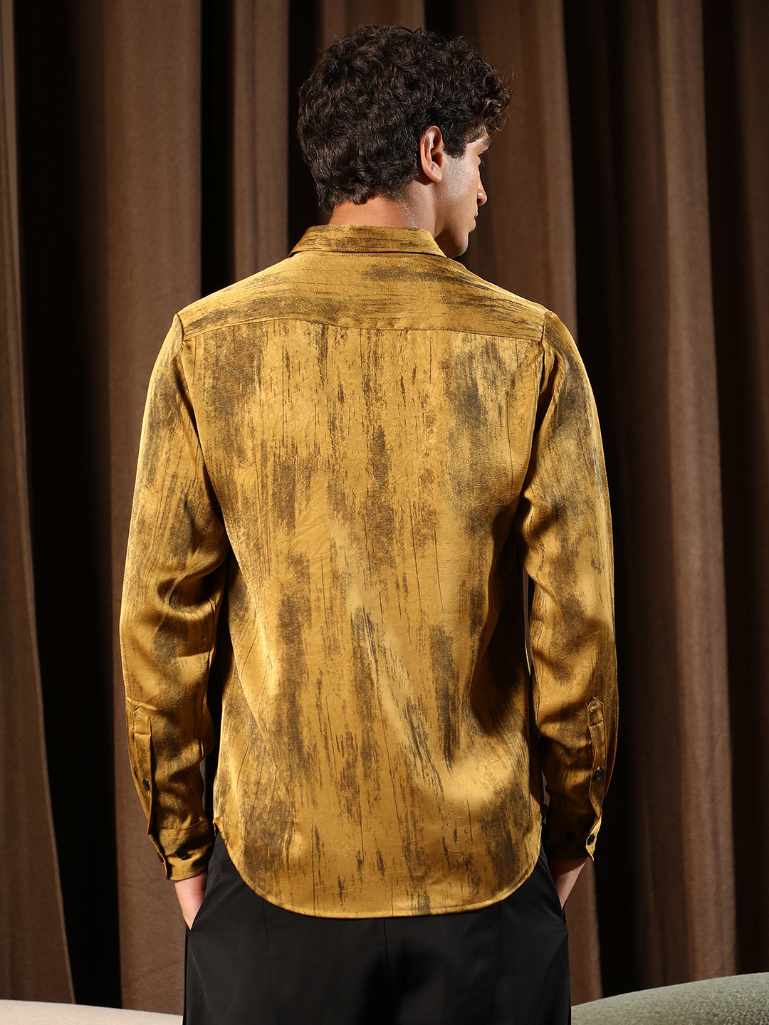 Men Mustard Yellow Gleaming-Grazed Satin Shirt