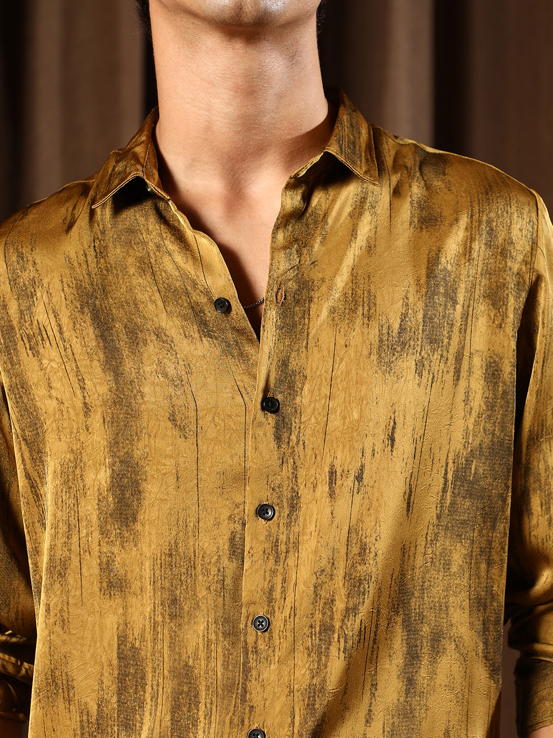 Men Mustard Yellow Gleaming-Grazed Satin Shirt