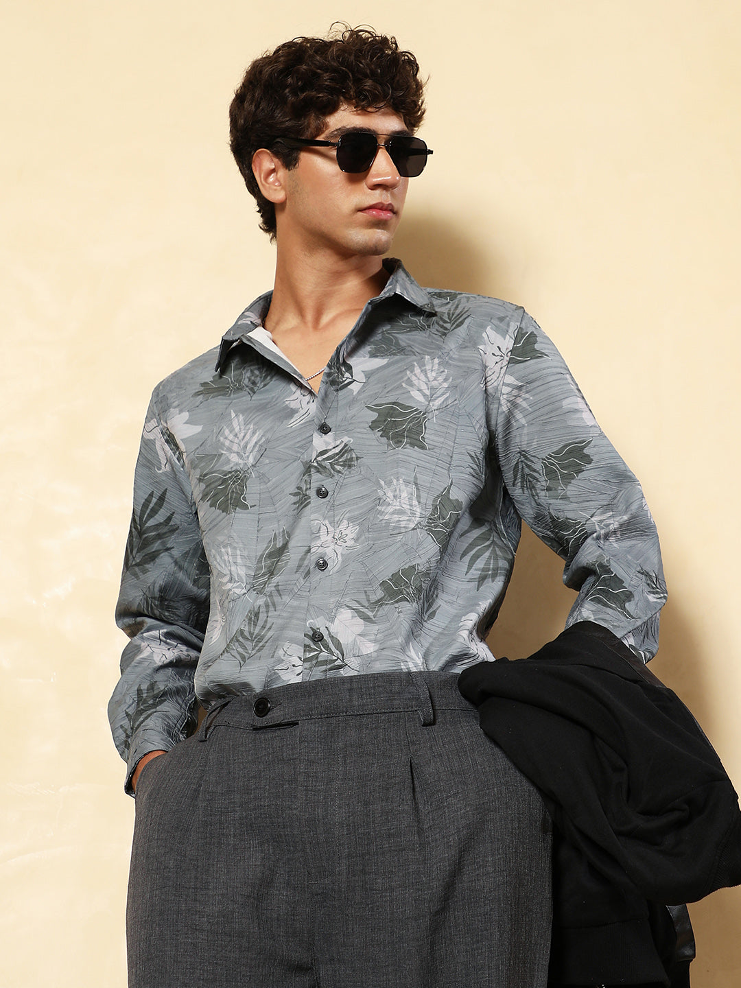 Men Moon Grey Leaf-Imprint Foliage-Tactile Shirt