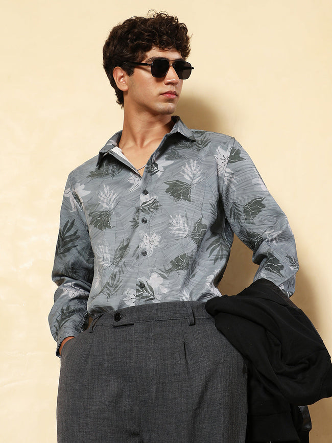 Men Moon Grey Leaf-Imprint Foliage-Tactile Shirt