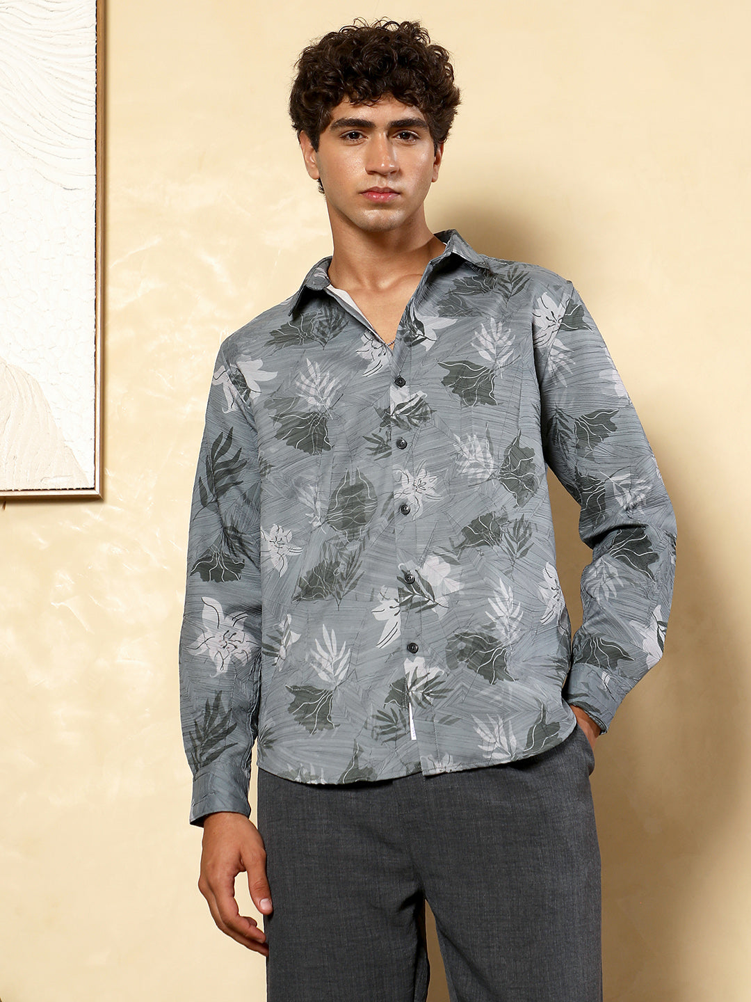 Men Moon Grey Leaf-Imprint Foliage-Tactile Shirt
