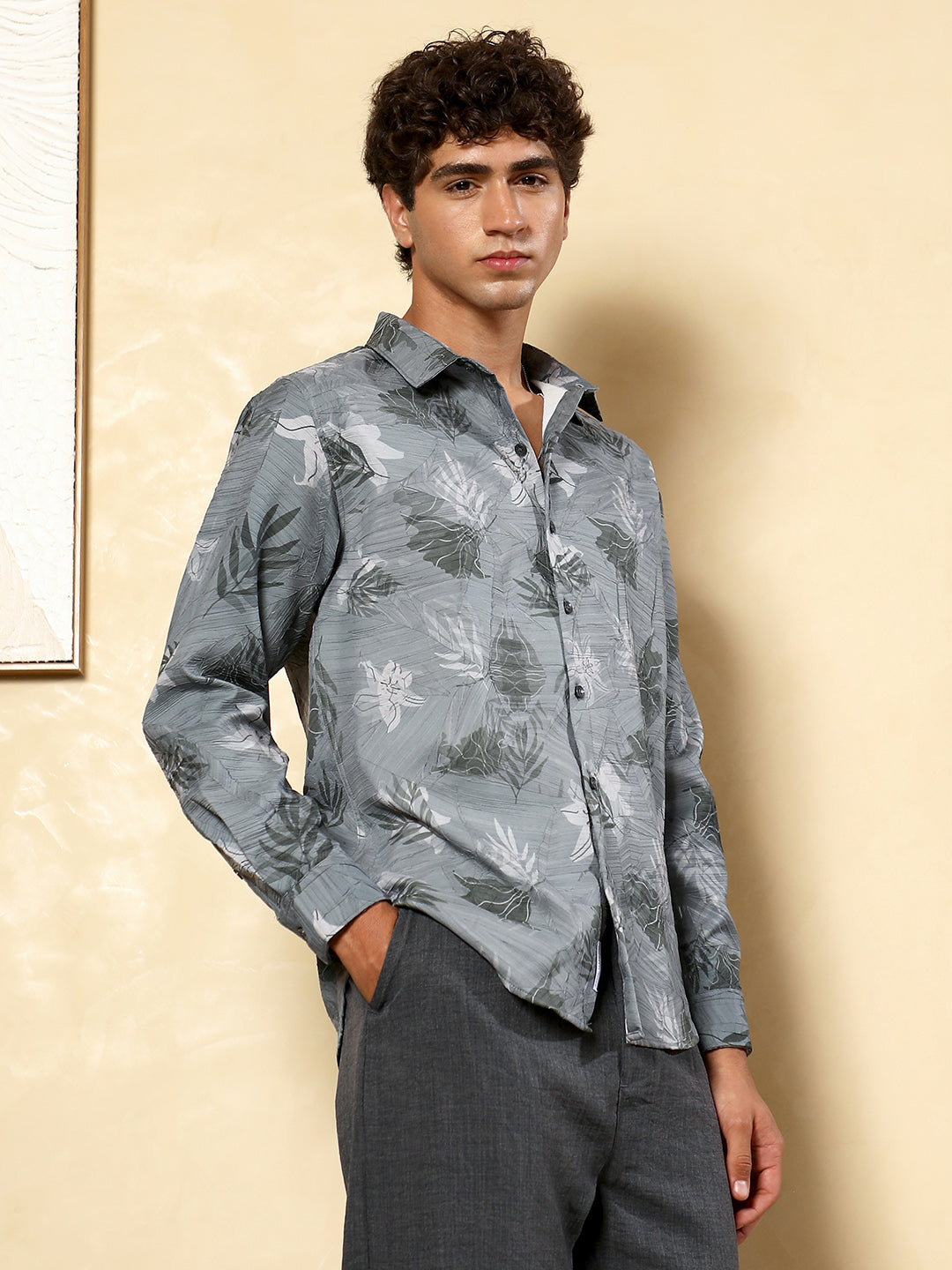Men Moon Grey Leaf-Imprint Foliage-Tactile Shirt