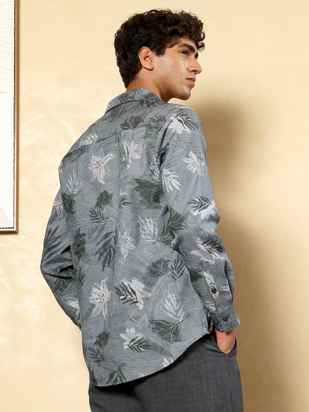 Men Moon Grey Leaf-Imprint Foliage-Tactile Shirt