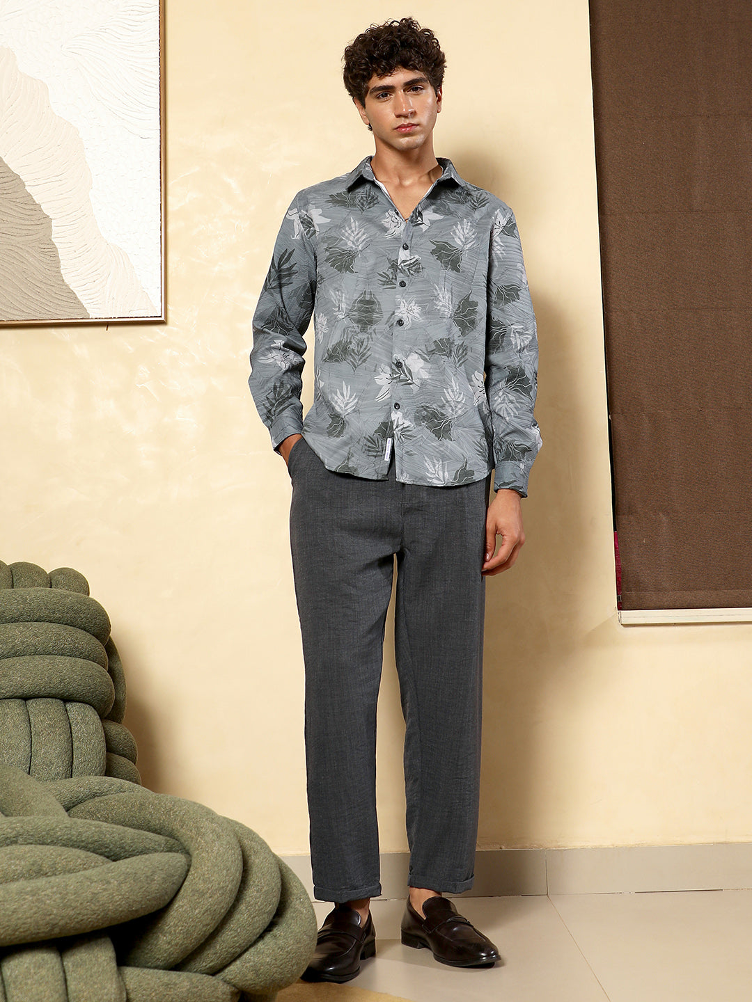 Men Moon Grey Leaf-Imprint Foliage-Tactile Shirt