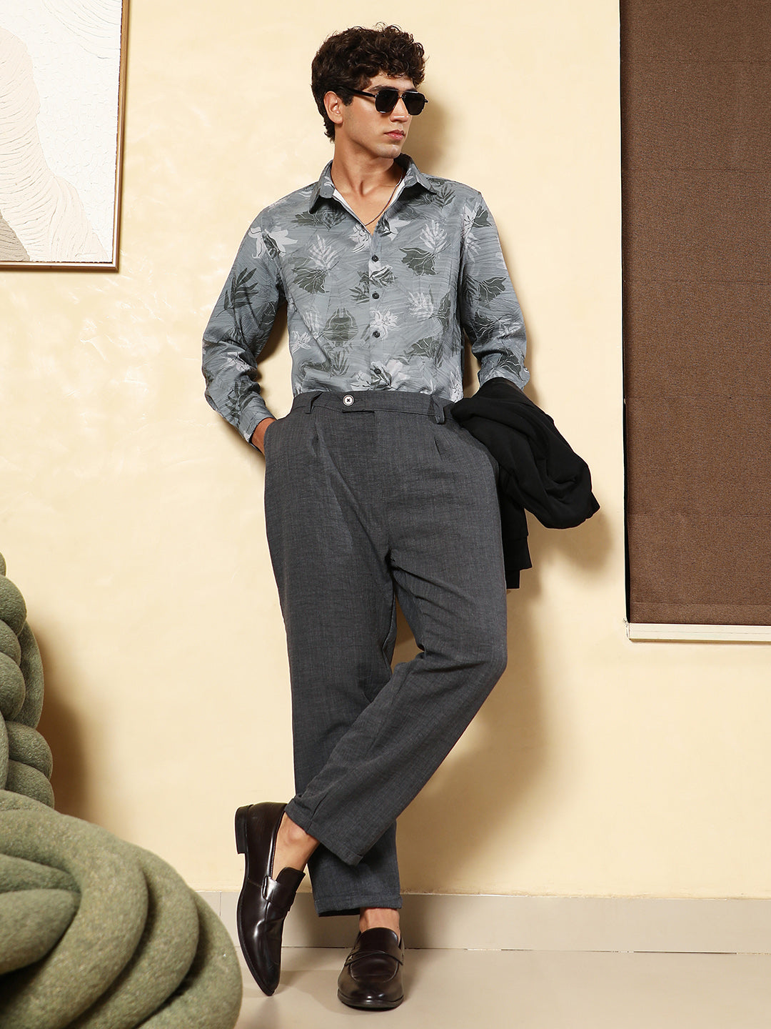 Men Moon Grey Leaf-Imprint Foliage-Tactile Shirt