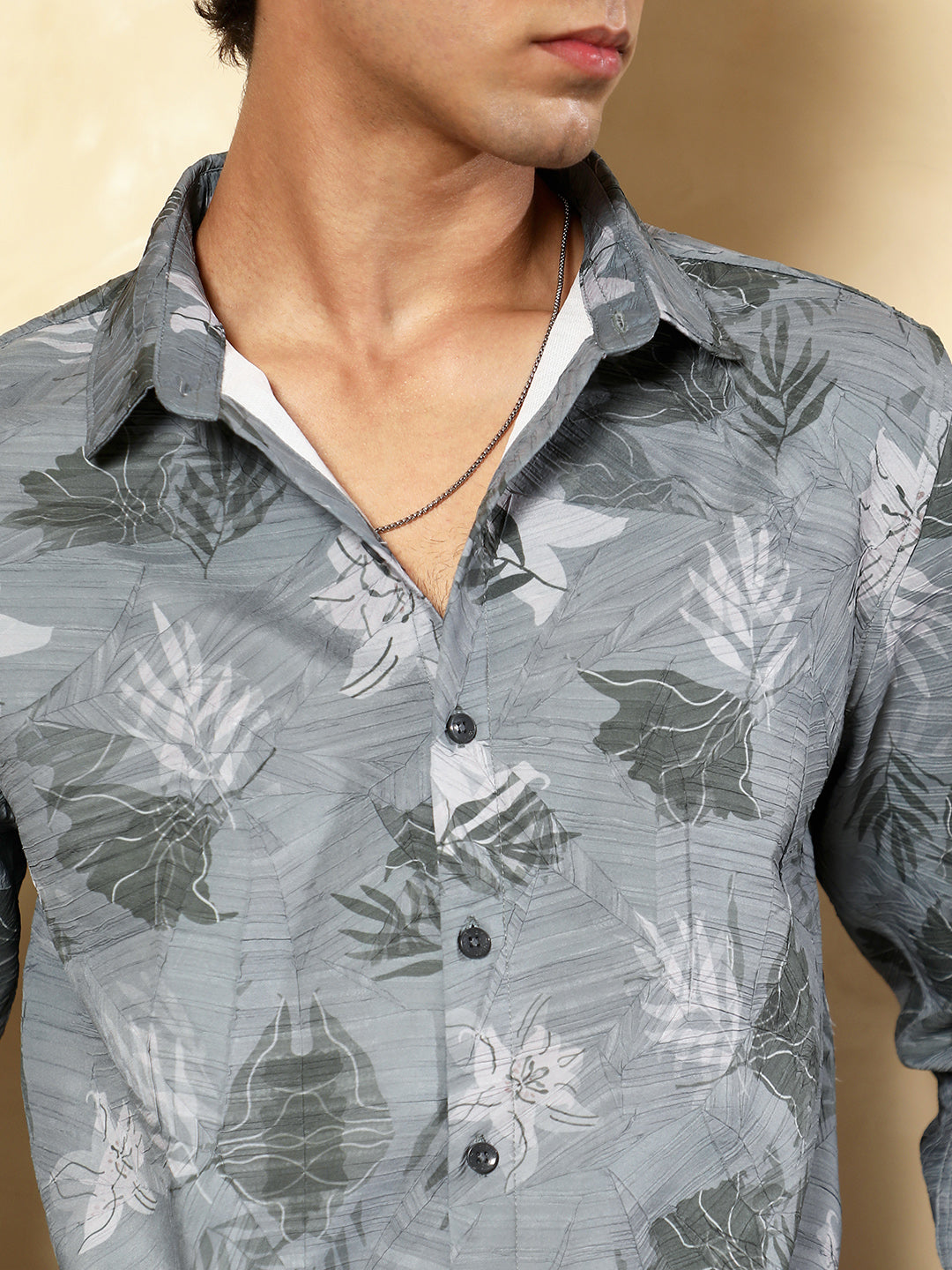 Men Moon Grey Leaf-Imprint Foliage-Tactile Shirt