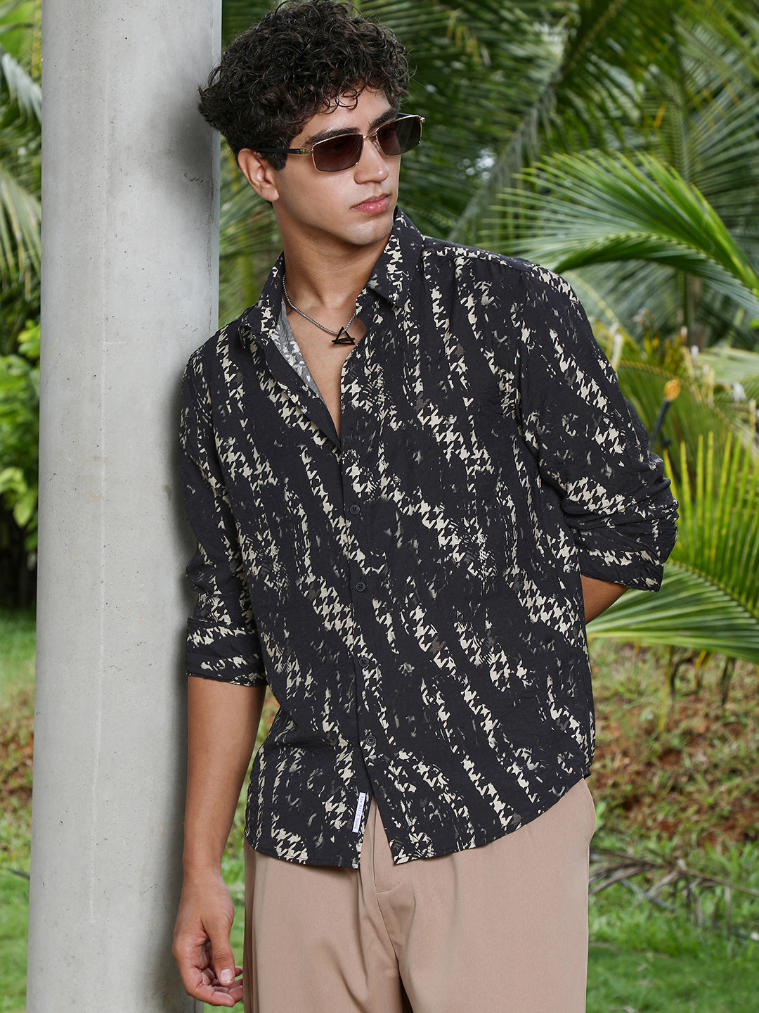 Men Onyx Black Grazed-Houndstooth Imprint Shirt