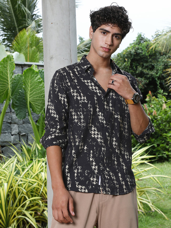 Men Onyx Black Grazed-Houndstooth Imprint Shirt
