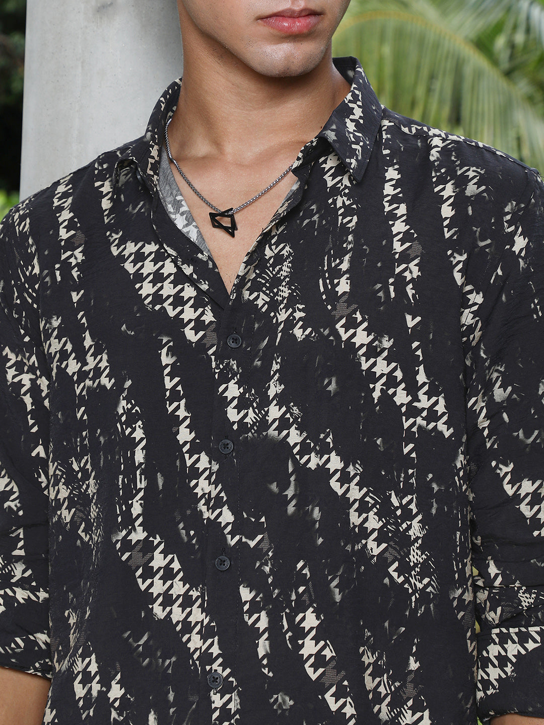 Men Onyx Black Grazed-Houndstooth Imprint Shirt