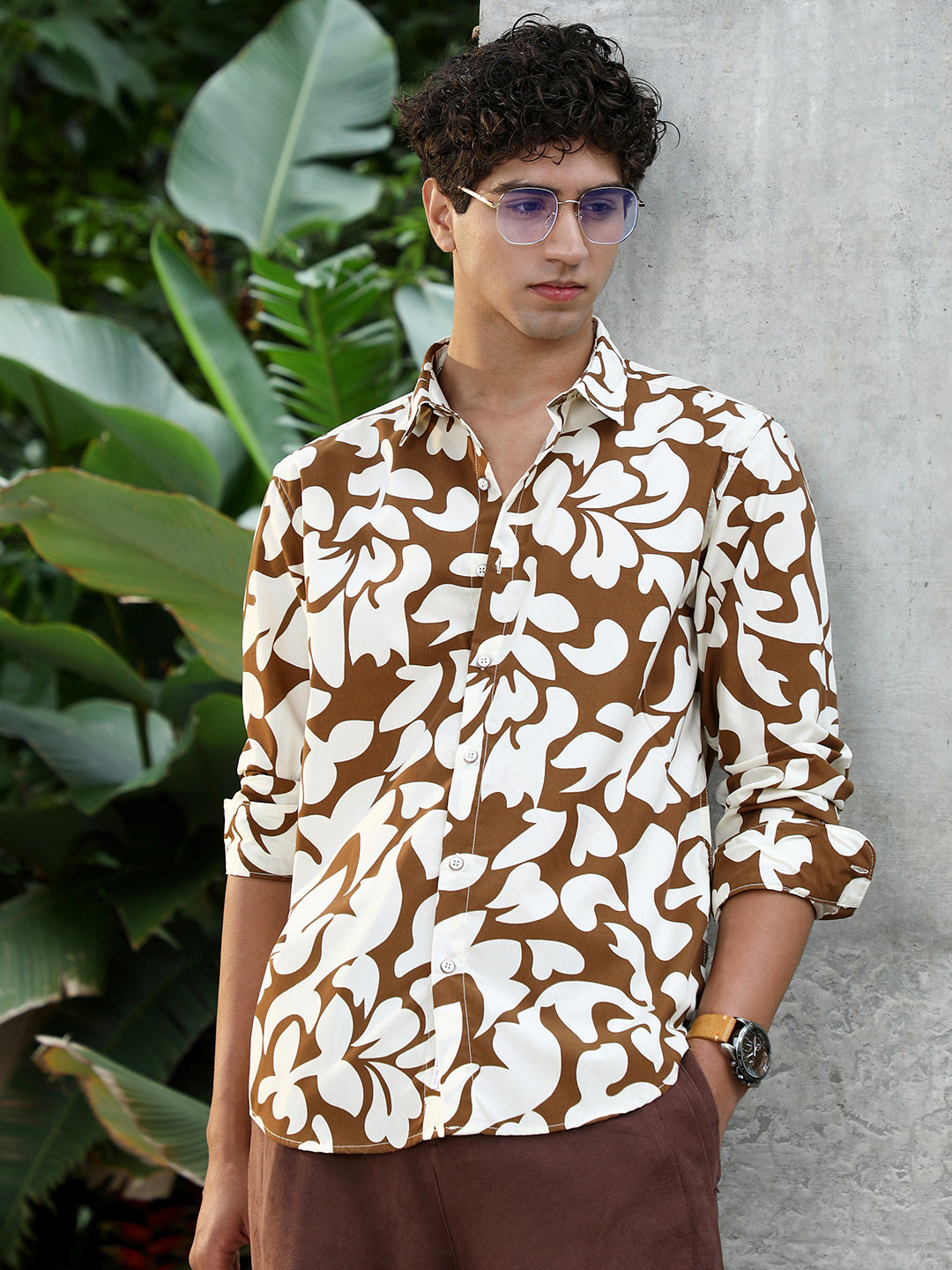 Men Chocolate Brown Contrast-Botanics Imprint Shirt