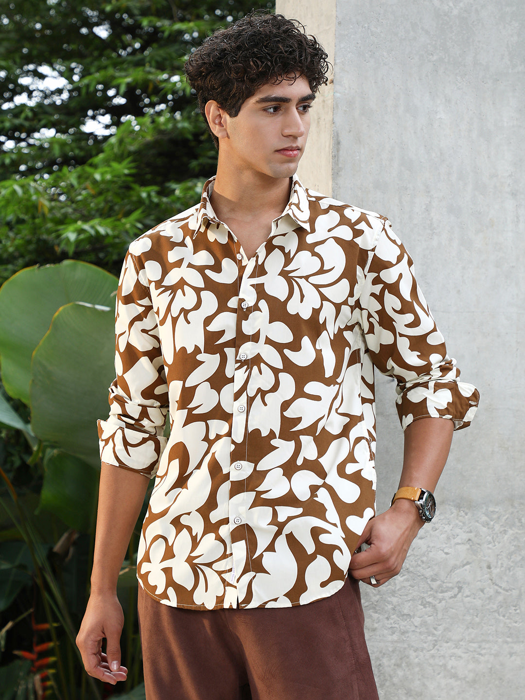 Men Chocolate Brown Contrast-Botanics Imprint Shirt