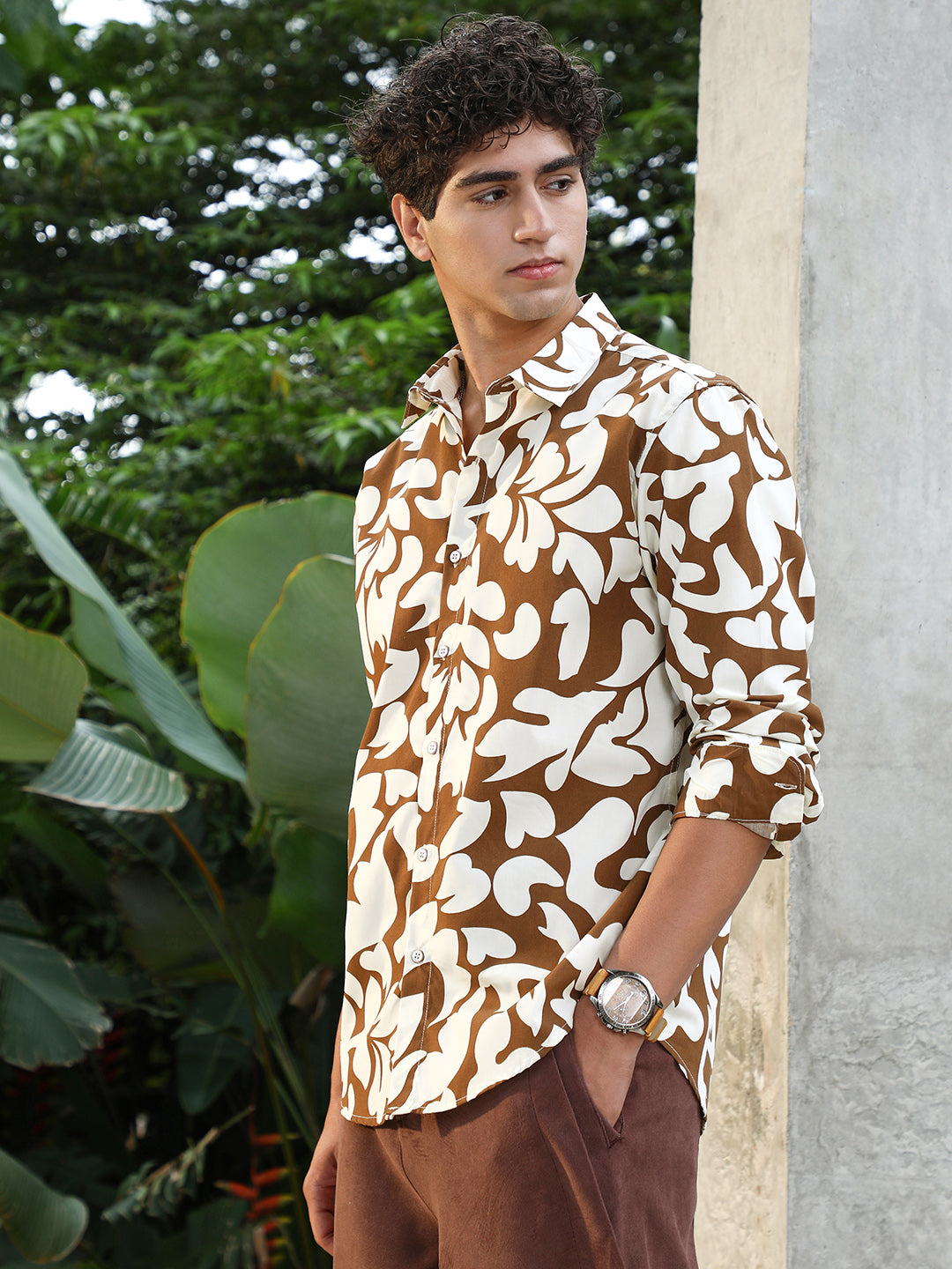 Men Chocolate Brown Contrast-Botanics Imprint Shirt