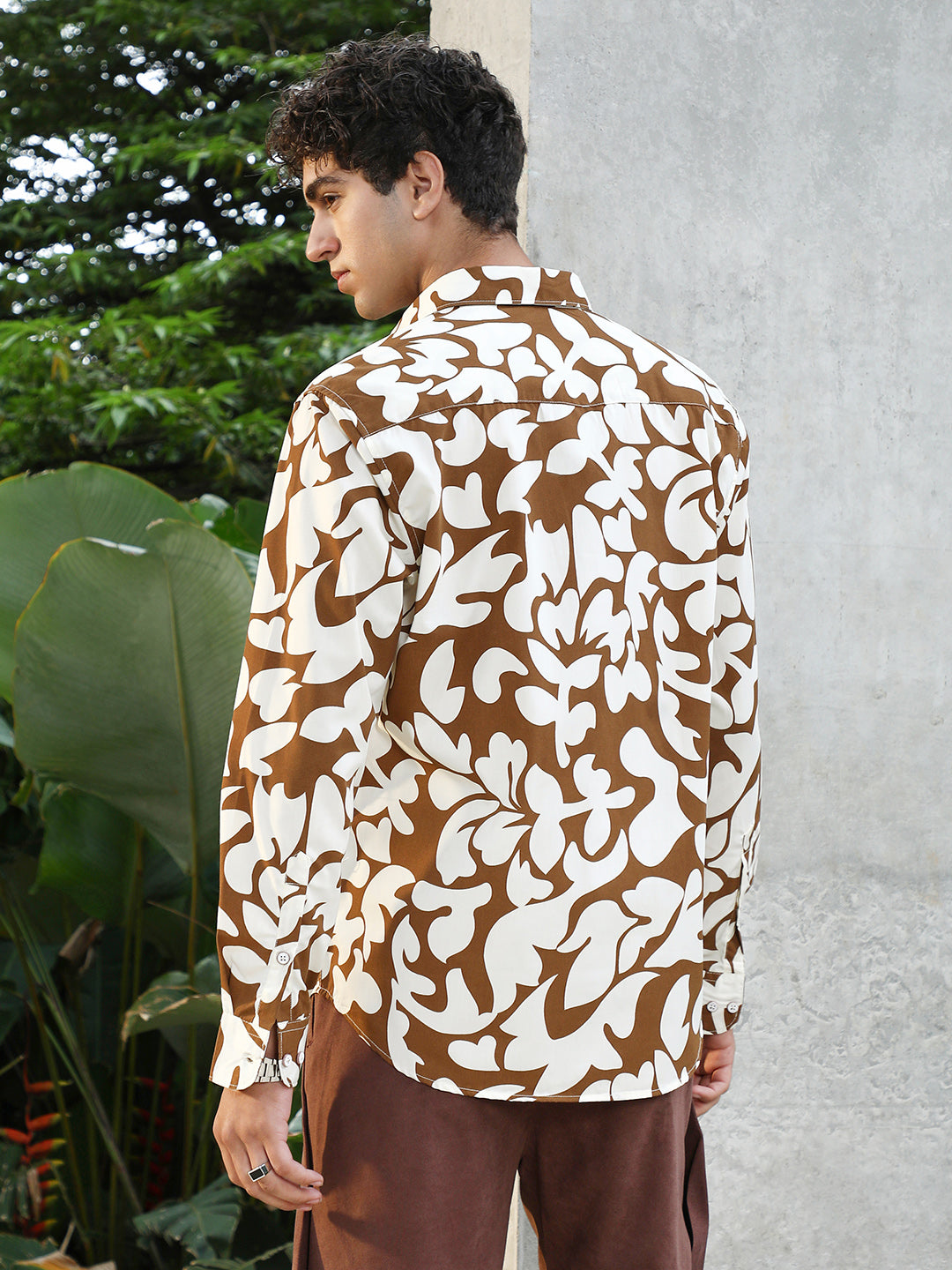 Men Chocolate Brown Contrast-Botanics Imprint Shirt