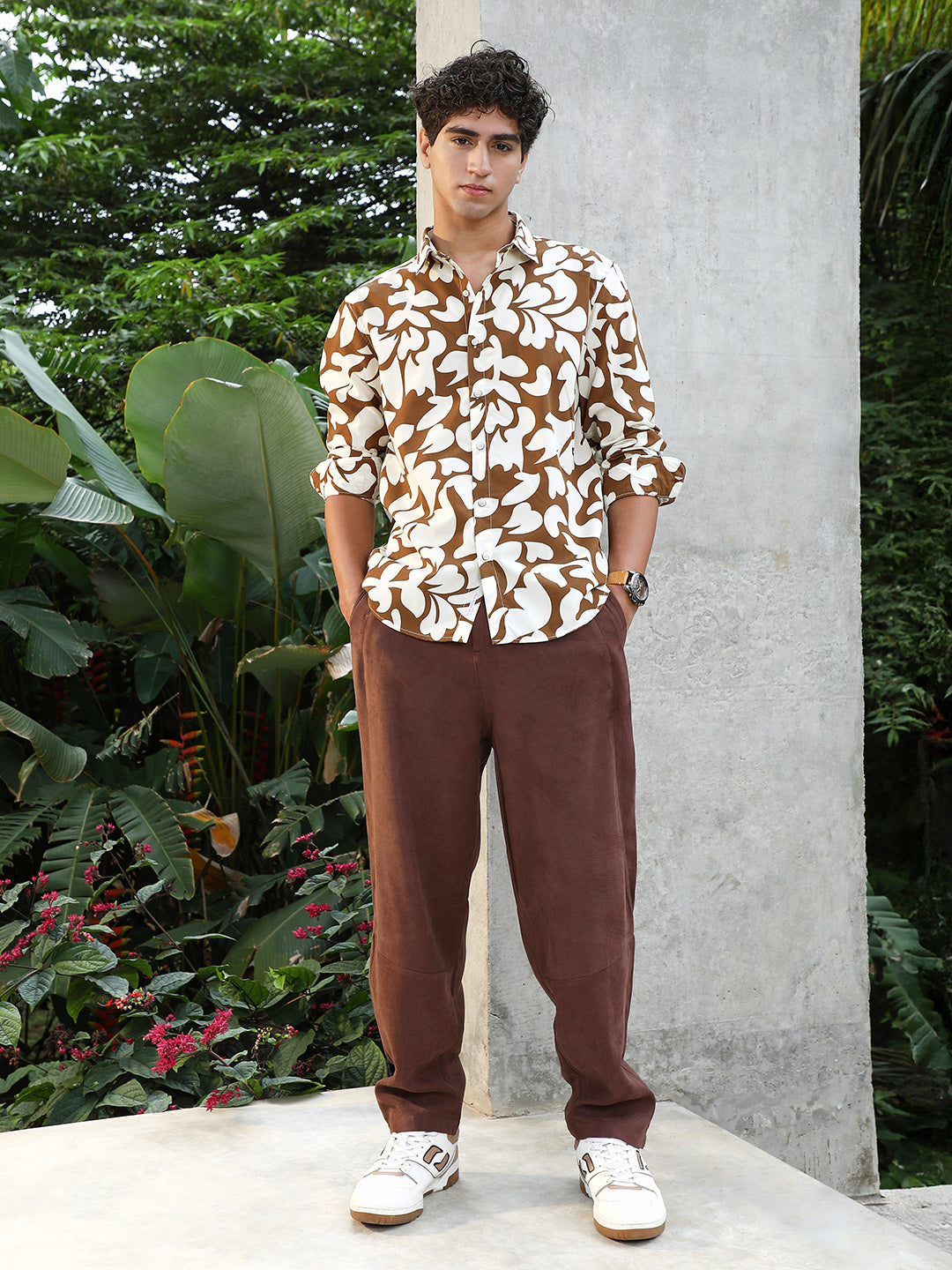 Men Chocolate Brown Contrast-Botanics Imprint Shirt