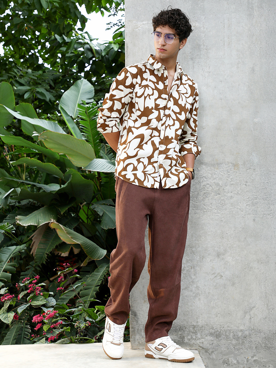Men Chocolate Brown Contrast-Botanics Imprint Shirt