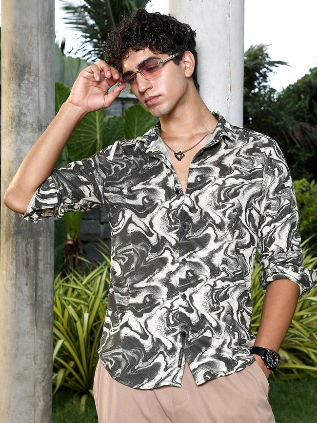 Men Charcoal Black Fluid-Marble Textured Shirt