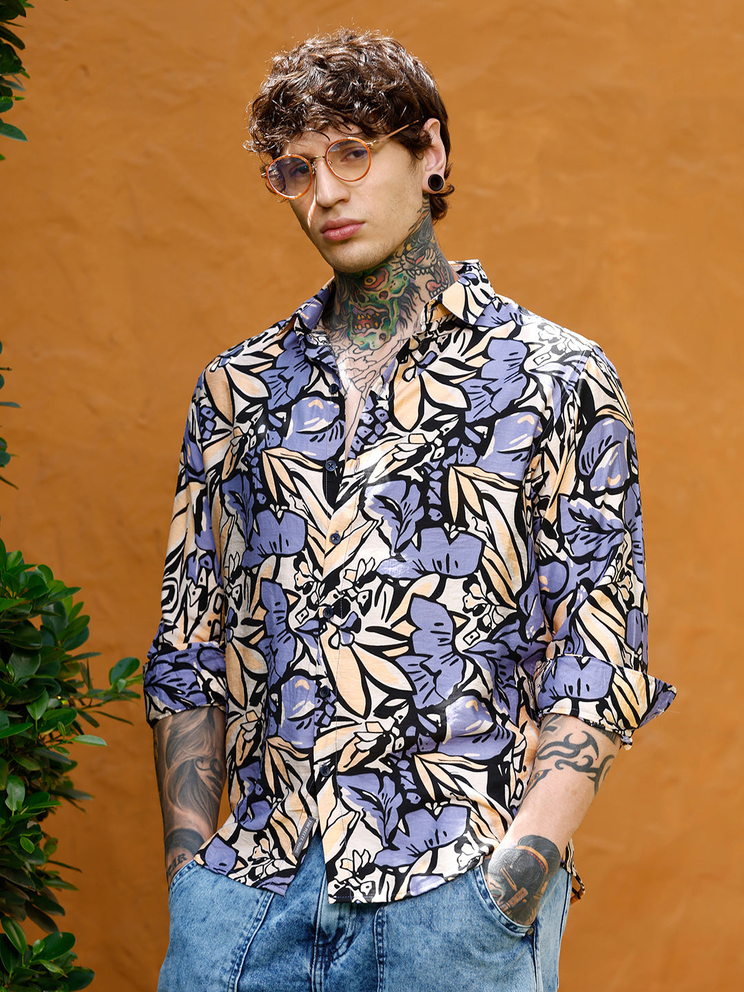 Men Blended Fabric Regular Floral Shirt