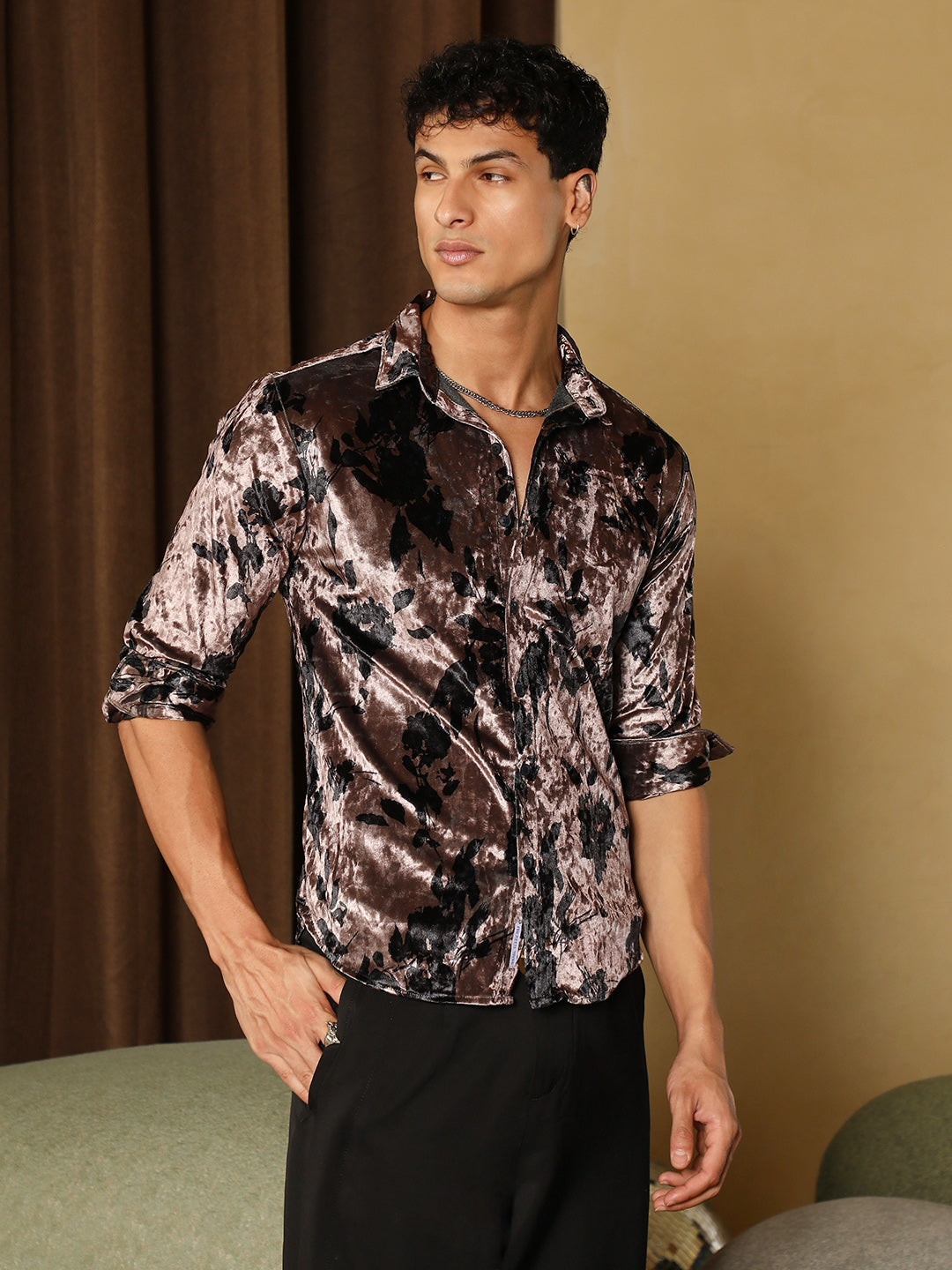 Men Coffee Brown Contrast-Botanical Imprint Velvet Shirt