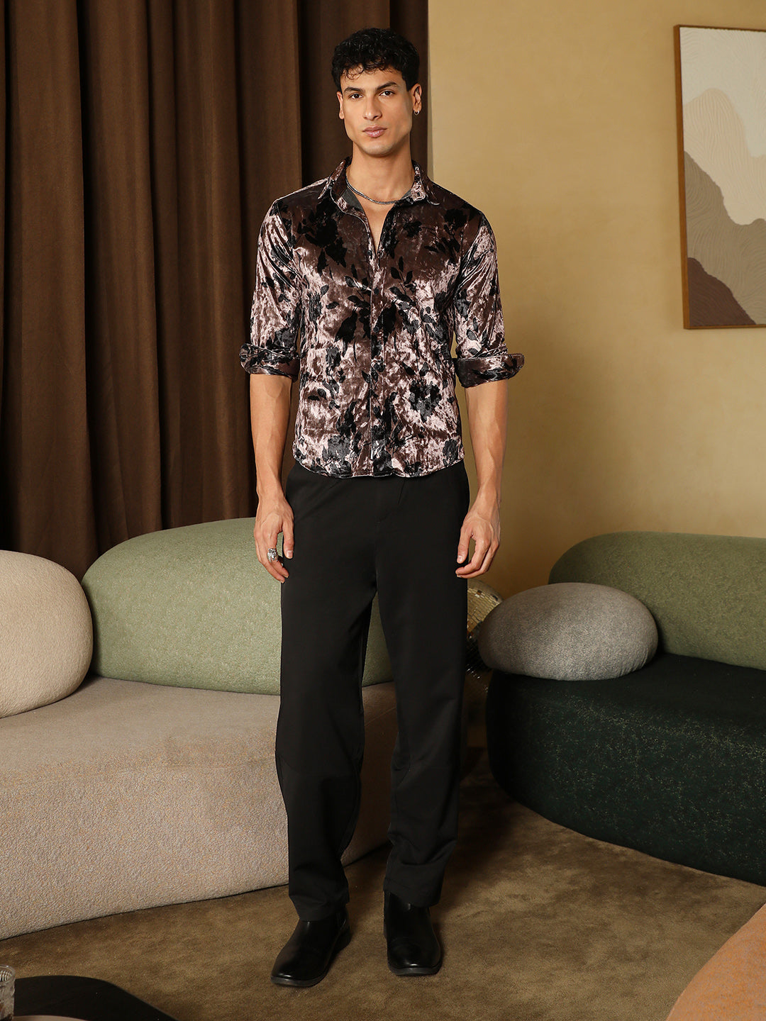 Men Coffee Brown Contrast-Botanical Imprint Velvet Shirt