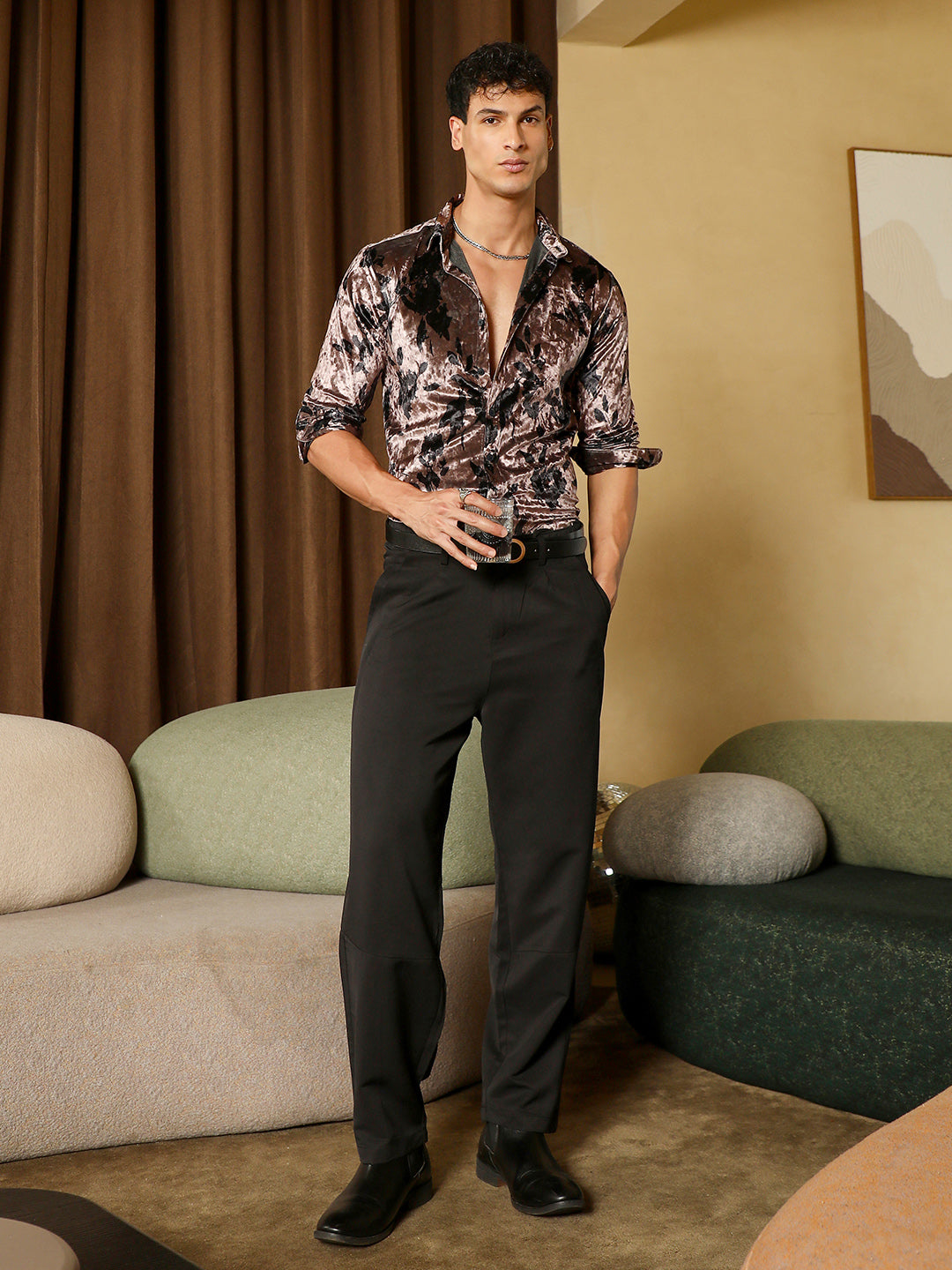 Men Coffee Brown Contrast-Botanical Imprint Velvet Shirt