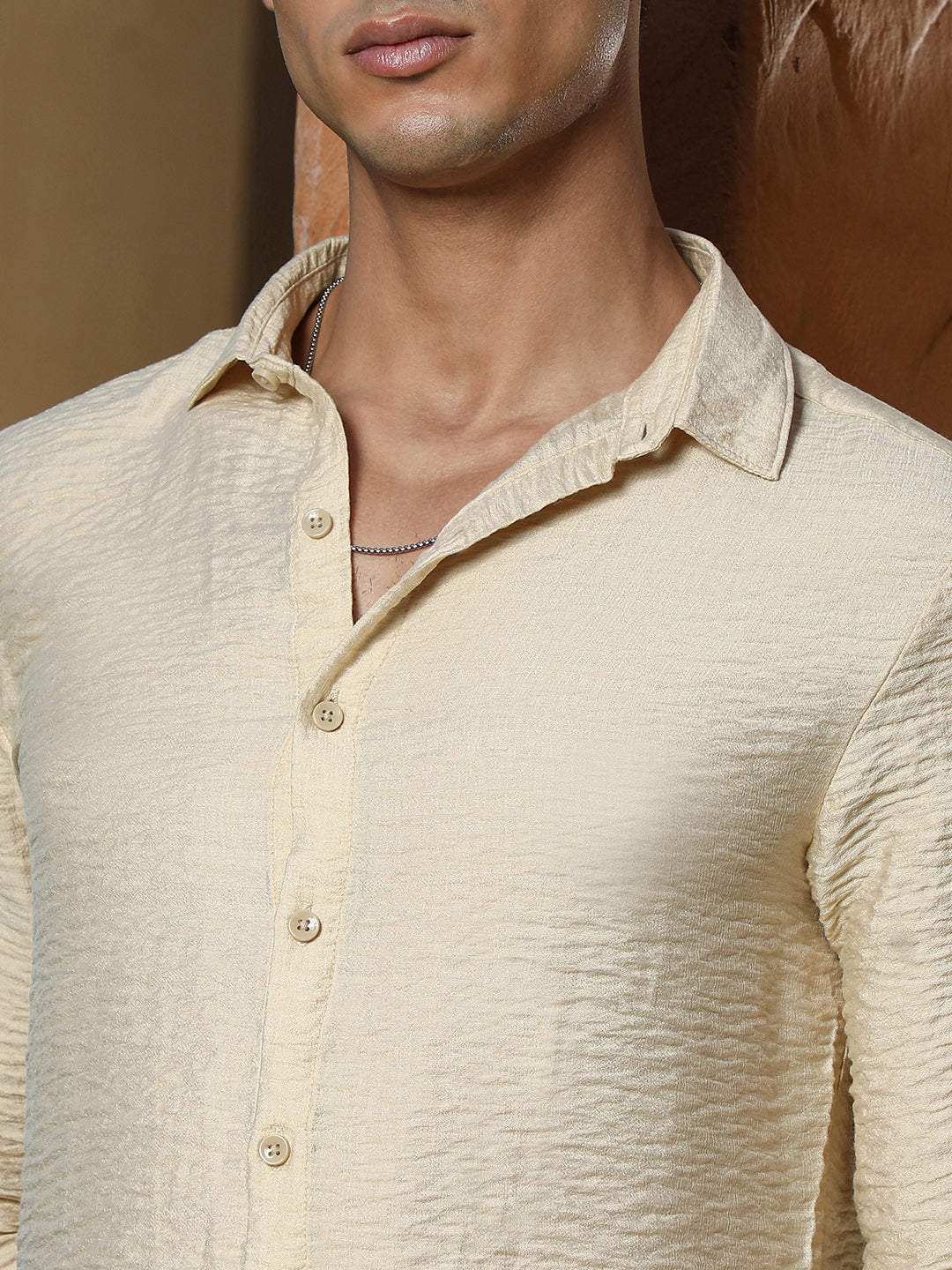 Men Off-White Solid Creased-Tactile Shirt