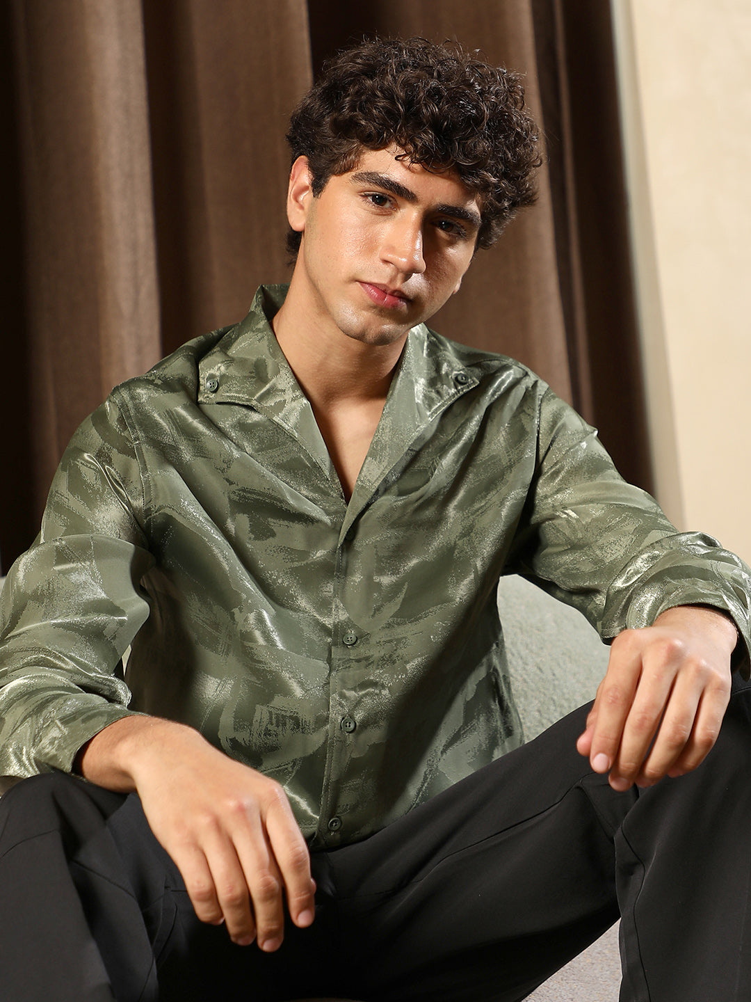 Men Dark Olive Abstract-Jacquard Satin Shirt