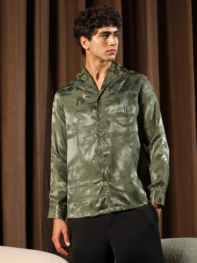 Men Dark Olive Abstract-Jacquard Satin Shirt