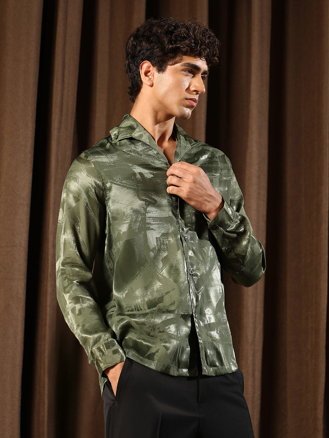 Men Dark Olive Abstract-Jacquard Satin Shirt
