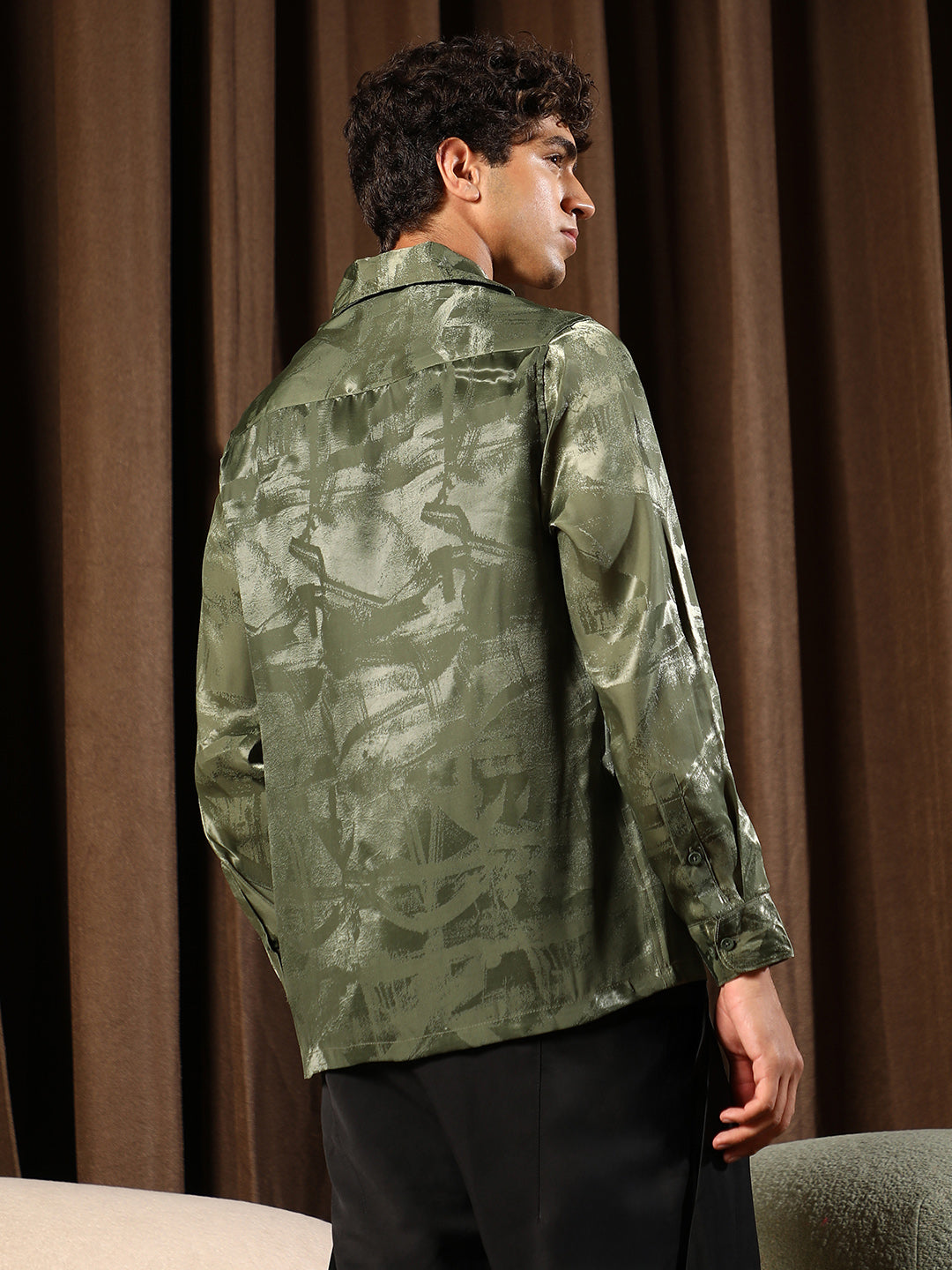 Men Dark Olive Abstract-Jacquard Satin Shirt