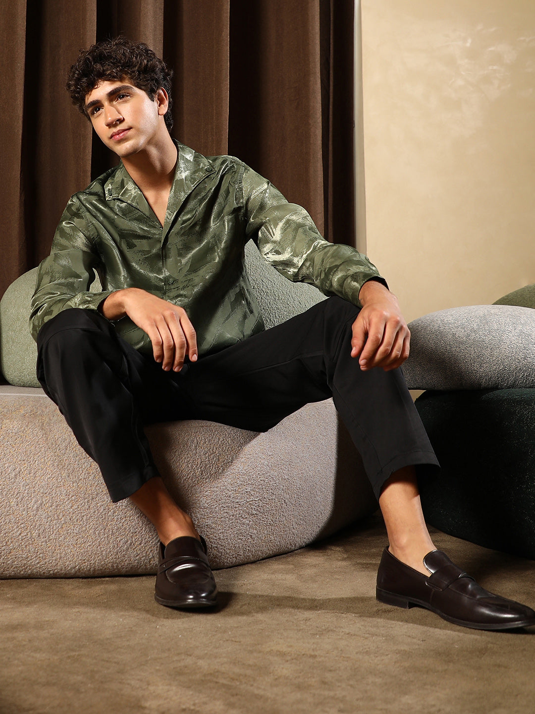 Men Dark Olive Abstract-Jacquard Satin Shirt